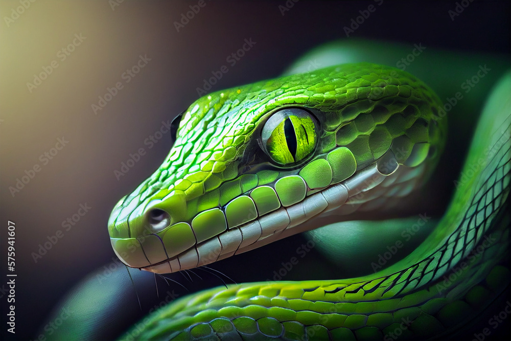 Fototapeta premium Close up photo of green mamba snake.Created with generative ai