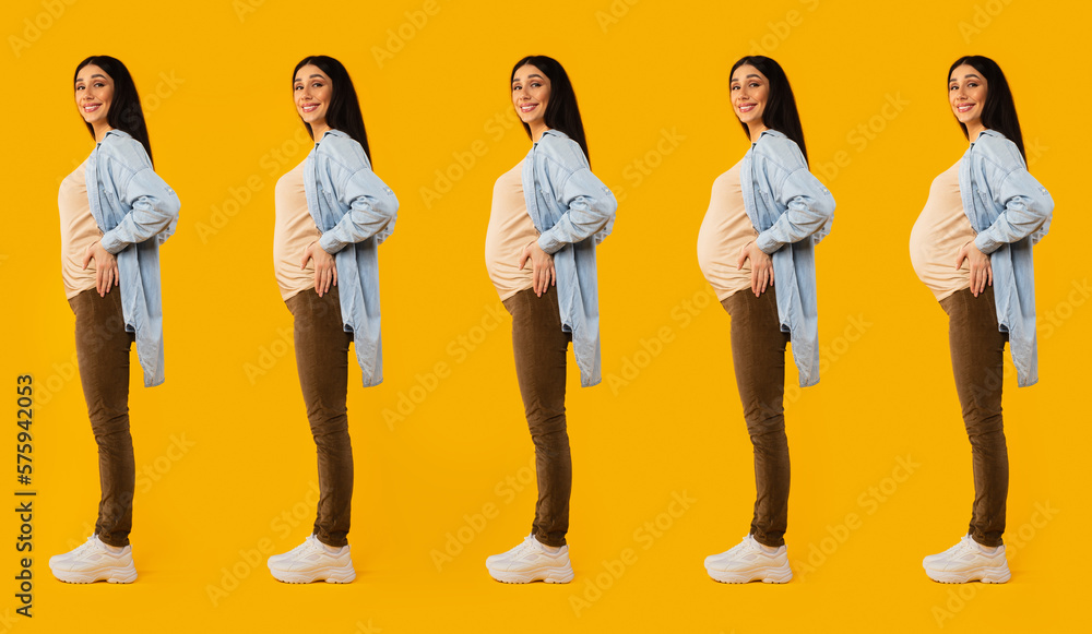 Obraz premium Collage of different stages of pregnancy, happy pregnant woman in casual posing on yellow background, full length