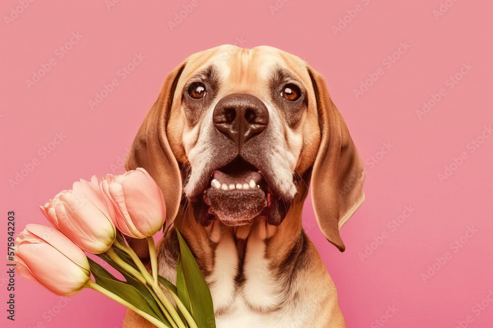 Cute dog with flowers. Color background. Generative AI