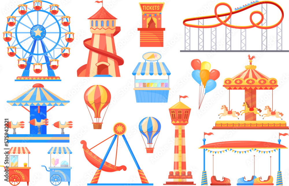 Fairground attractions. Carnival carousel and adult attraction on festival amusement park, fantasy swing rollercoaster playground wheel cartoon roundabout, neat vector illustration - obrazy, fototapety, plakaty 