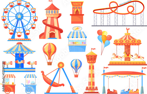 Fairground attractions. Carnival carousel and adult attraction on festival amusement park, fantasy swing rollercoaster playground wheel cartoon roundabout, neat vector illustration