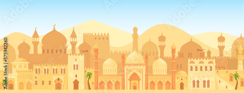 Arabic city view. Old islamic castle cityscape panorama, muslim city oman morocco marrakech saudi cities background, ancient mosque houses silhouette, neat vector illustration