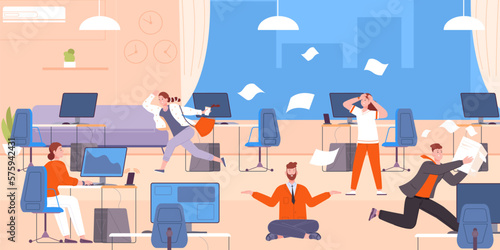 Office chaos meditation. Calm businessman zen levitating at office desk, clear brain trouble fuss chaos work relax manager yoga break noisy