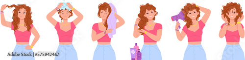 Curly hair process. Curl girl method concept, beautiful women with wash head use haircare tools wet hair care applicator, caring cosmetic product spray, swanky vector illustration