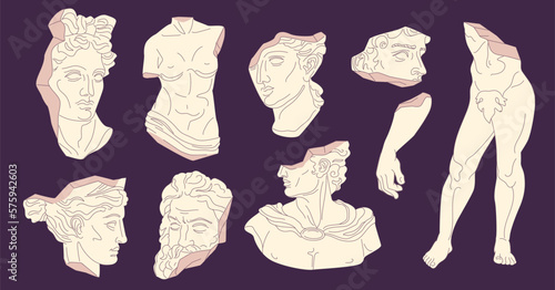 Broken antique statues. Detail portrait greek roman statue, ancient sculpture face artemis david apollo plaster bust head god