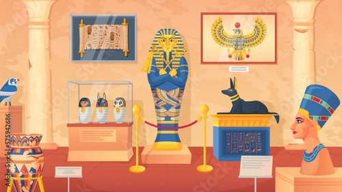 Egyptian museum. Egypt goddess statues and pharaoh mummies in ancient civilization architecture interior with old column, cairo god monuments artwork ingenious vector illustration