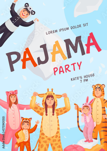 Pajama party invitation. Child teenager and adult people invite friends on sleepover in pyjamas onesie, nightwear slumber girl fun