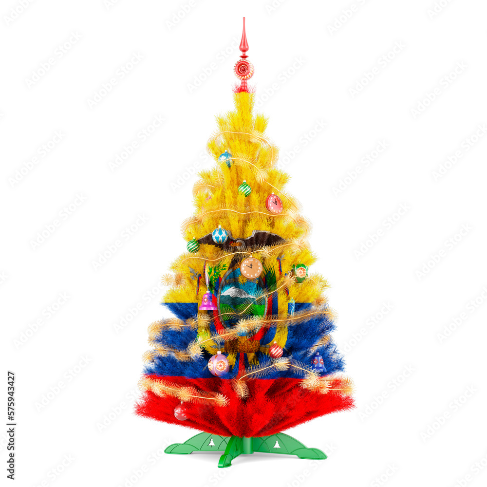 Ecuadorian flag painted on the Christmas tree, 3D rendering Ecuadorian flag painted on the Christmas tree, 3D rendering