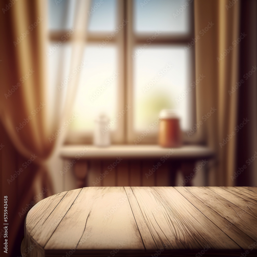 Wooden table on defocuced window with curtain Wooden table on defocuced window with curtain