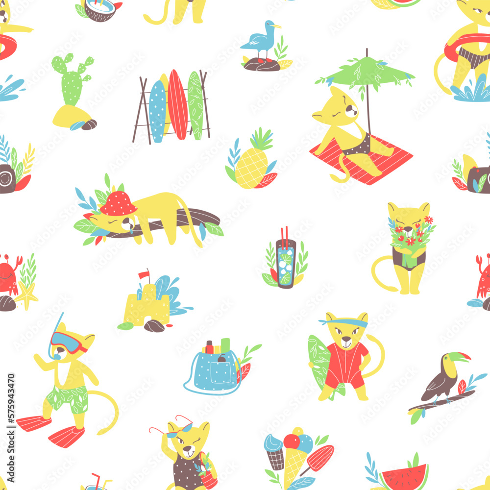 Seamless pattern with a lion cub in the summer on vacation. Plants and beach food. Summer vacation on the beach. Pattern for summer accessories. Flat vector illustration. Seamless pattern with a lion cub in the summer on vacation. Plants and beach food. Summer vacation on the beach. Pattern for summer accessories. Flat vector illustration.