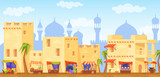 Traditional arabic market. Panorama arabian bazaar ancient building, african merchant village old historical morocco houses, eastern food shop landscape, neat vector illustration