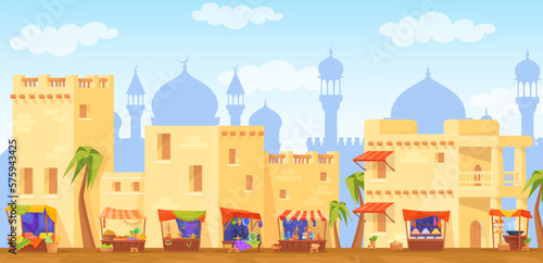 Traditional arabic market. Panorama arabian bazaar ancient building, african merchant village old historical morocco houses, eastern food shop landscape, neat vector illustration