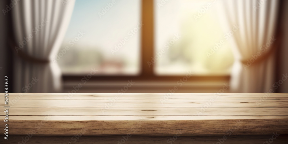 Wooden table on defocuced window with curtain