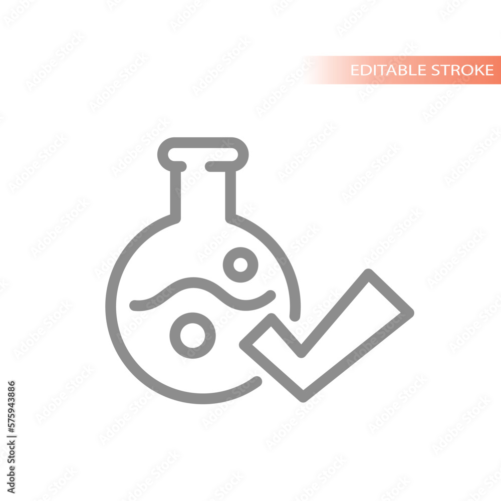 Test tube and checkmark line vector icon. Lab flask, chemistry glassware and tick symbol. Test tube and checkmark line vector icon. Lab flask, chemistry glassware and tick symbol.