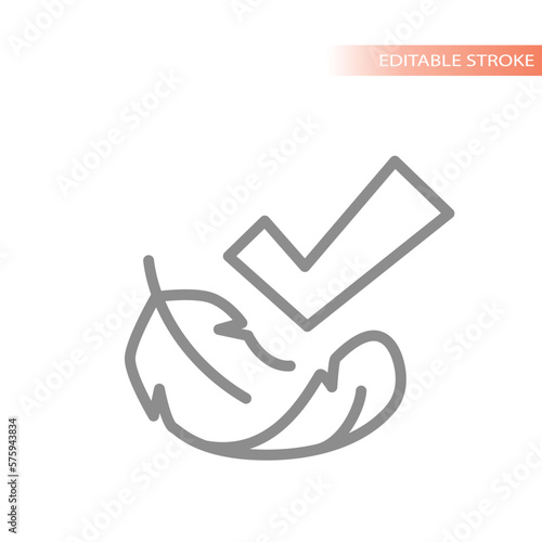 Bird feather and checkmark line vector icon. Lightweight outline symbol.