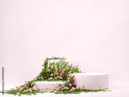 3d spring floral scene with podium display on pink pastel background