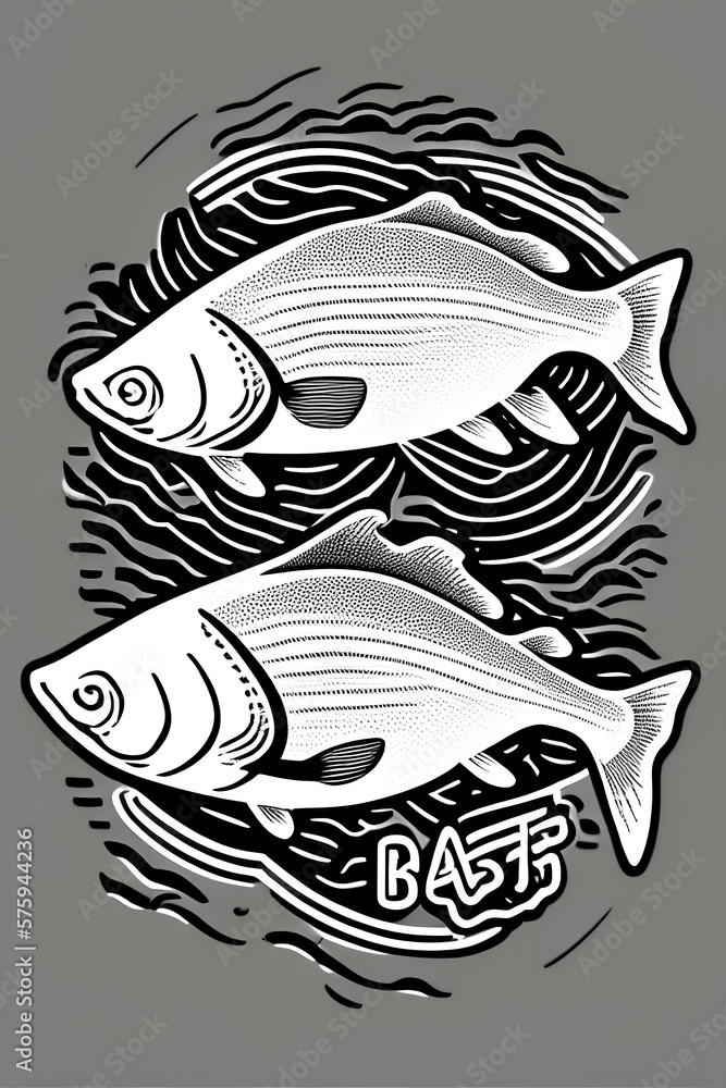 Big Cyprinus carpio pet swim on white paper text space. Outline black ink hand drawn small raw diet bass ruff logo pictogram emblem design menu in retro art doodle engrave print style - generative ai Big Cyprinus carpio pet swim on white paper text space. Outline black ink hand drawn small raw diet bass ruff logo pictogram emblem design menu in retro art doodle engrave print style - generative ai