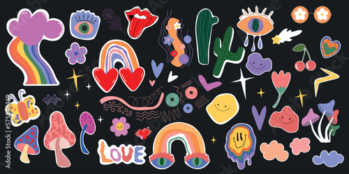 Retro 70s groovy stickers, psychedelic hippie elements. Funky cartoon mushrooms, flowers, rainbow, vintage set of vector elements in vintage style.