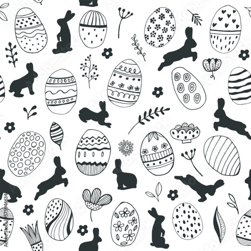 Rabbit flowers of eggs Seamless pattern on a white background. Easter hare and holiday food. Ornament. Fabric, wrapping paper. Vector illustration