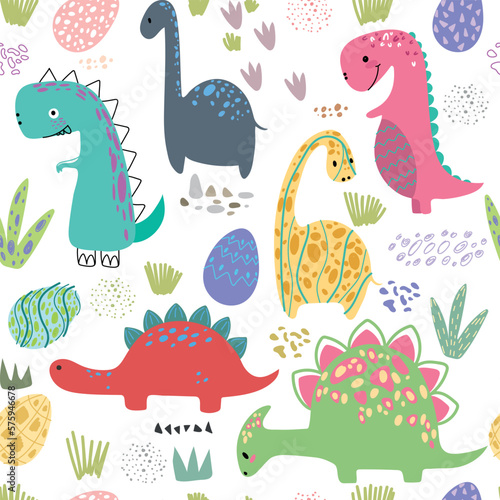 Dino friends. Funny cartoon dinosaurs  spots  dots and eggs. Cute t rex  characters. Hand drawn vector doodle set for kids. Good for textiles  nursery  wallpapers  wrapping paper  clothes. 