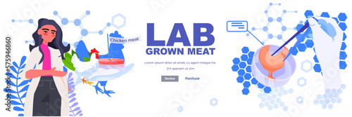 woman scientist analyzing dna of cultured chicken meat artificial lab grown meat production concept