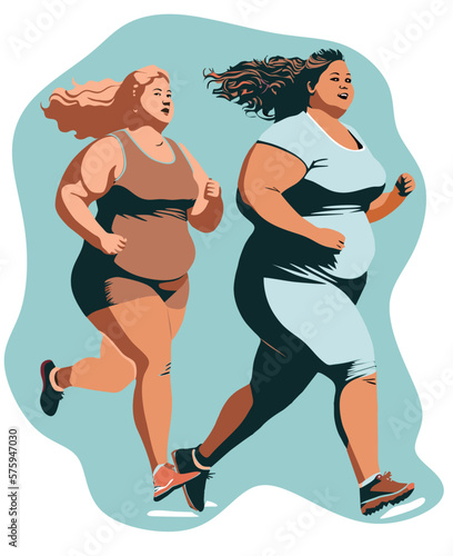 two fat women are engaged in sports jogging in nature