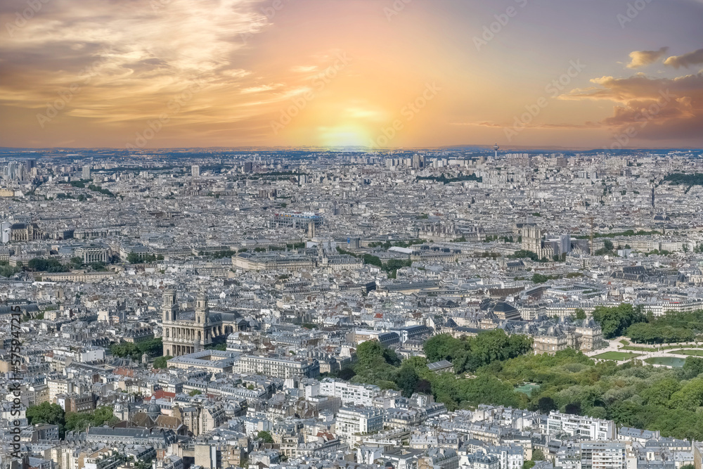 Paris, aerial view of the city, with the Pompidou center, the Saint-Sulpice church and the Senate in the Luxembourg garden
