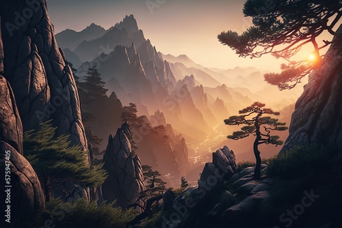 Early morning sunrise in the Huangshan  Generative Ai