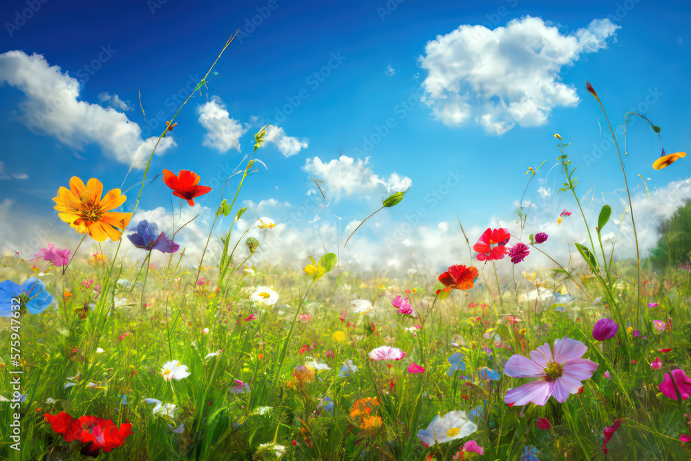 Meadow with flowers on a beautiful Spring Day. Multi-colored daisies and poppies. Generative AI. 
