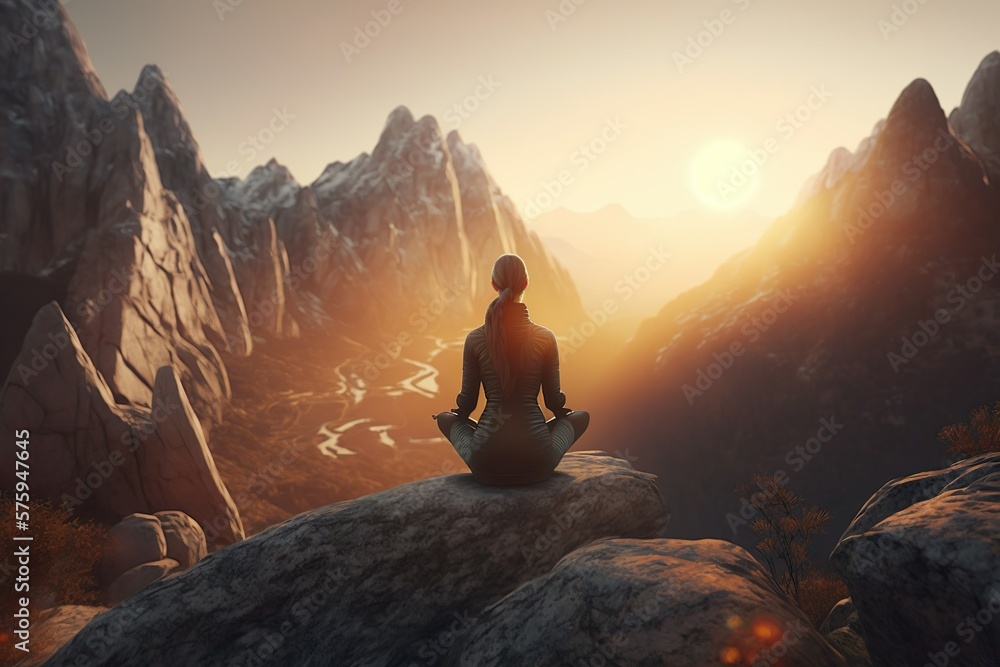 sunset in the mountains woman doing yoga, Generative Ai sunset in the mountains woman doing yoga, Generative Ai
