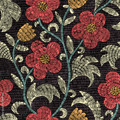 Seamless floral pattern. Bohemian pattern for home decor. Embroidered vintage print. Vector illustration.