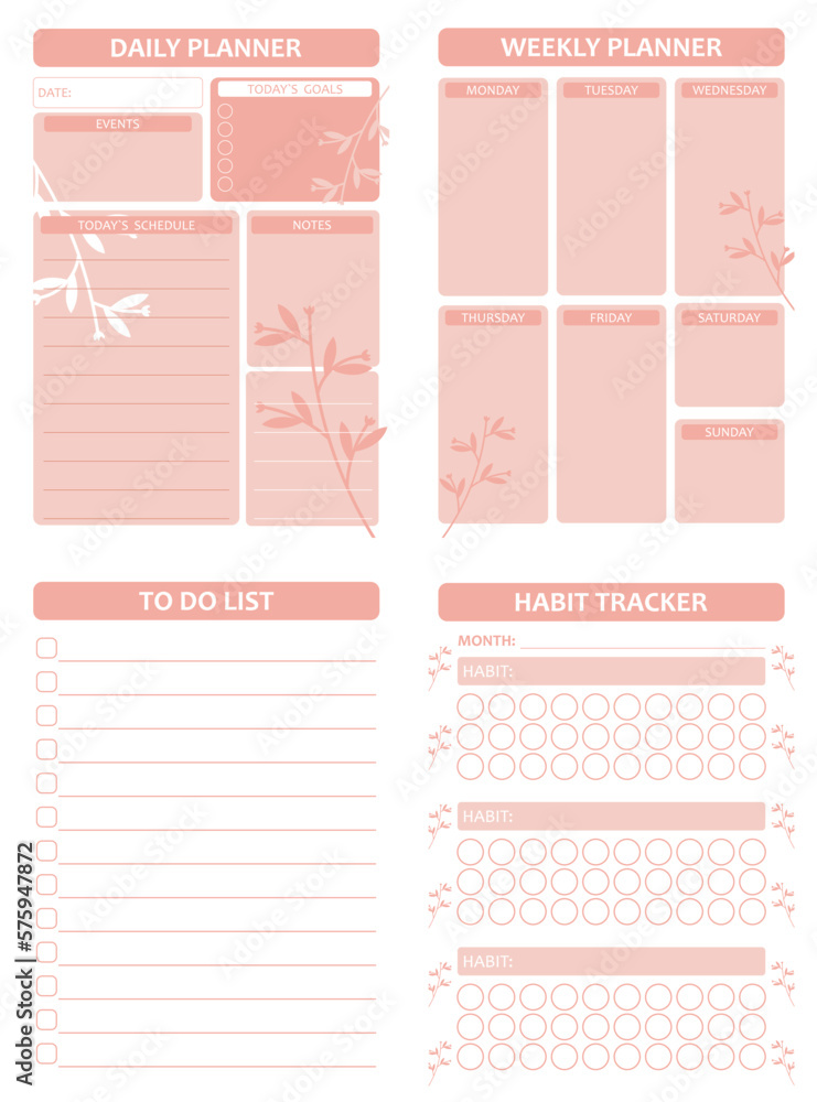 Printable vector planner pages templates. Daily planner, weekly planer, habit tracker, to do list.
