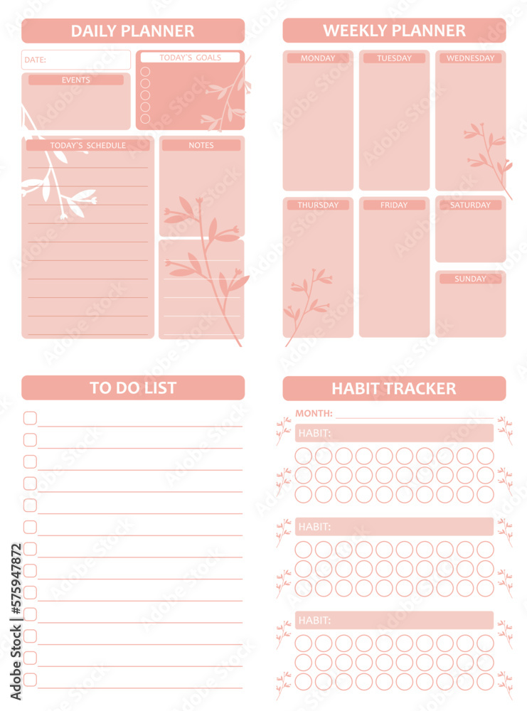 Printable vector planner pages templates. Daily planner, weekly planer, habit tracker, to do list. Printable vector planner pages templates. Daily planner, weekly planer, habit tracker, to do list.
