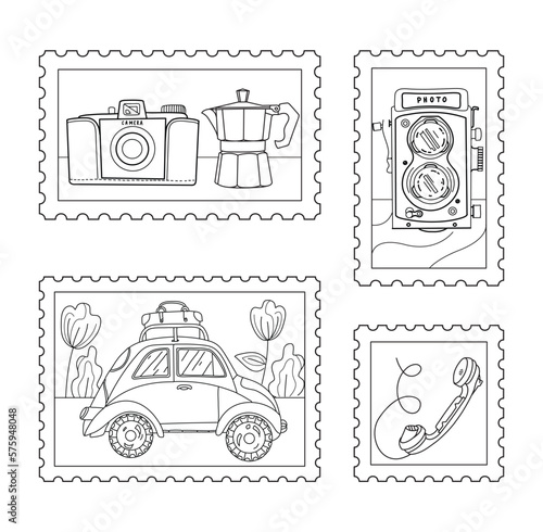 Coloring page. Hand drawn vintage objects collection. Retro style set. Movie camera, typewriter, gramophone, camera, , hours, coffee percolator, telephone, tv. Vintage post stamps