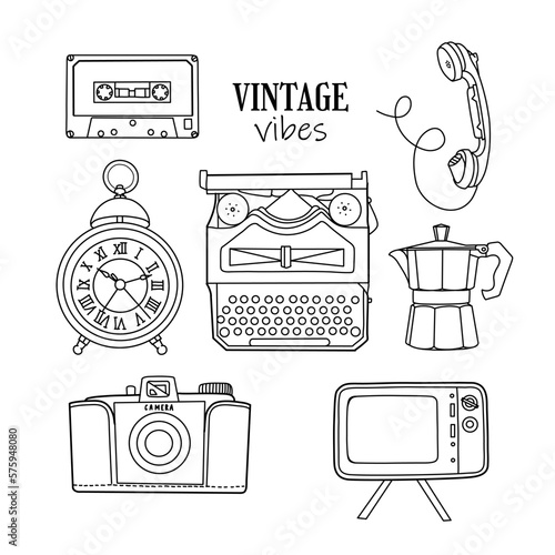Coloring page. Hand drawn vintage objects collection. Retro style set. Movie camera, typewriter, camera, hours, coffee percolator, telephone, tv, cassette. Vintage illustration in linear style