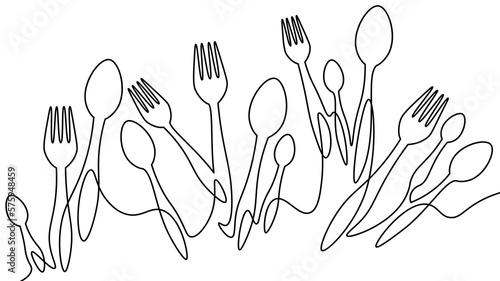 One line table spoon forks dinner lunch concept. Cafe menu decoration border silhouette continuous line doodle cooking dining supply vector illustration