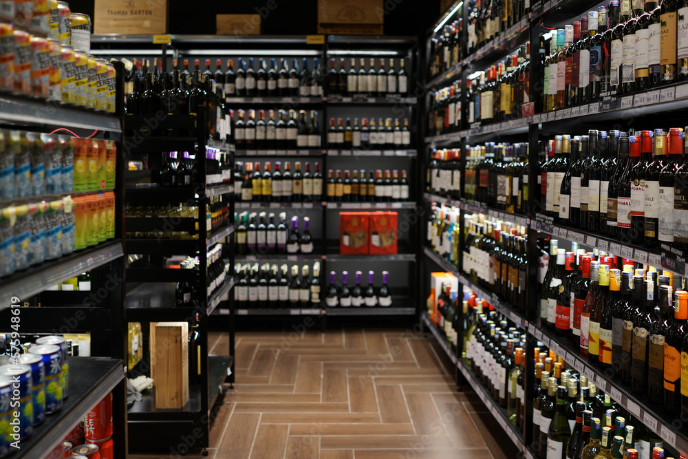 PENANG, MALAYSIA 22 FEB 2023 An assortment of imported wine and hard