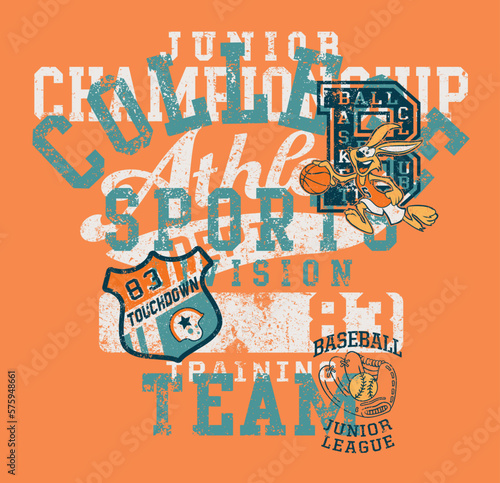 Cute sports division with bunny mascot  vector print for children wear photo