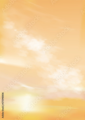 Sunrise with Yellow Sky and Cloud with bright light in Morning,Sunset Sky on Springtime,Vector Vertical Golden hour with Orange Sky in Evening Summer,Beautiful natural banner for all Season background