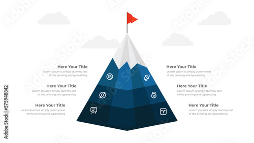 Six step mountain infographic. Path to top of mountain. Business strategy to success. climbing route to goal. business and achievement concept. vector illustration in flat style modern design.