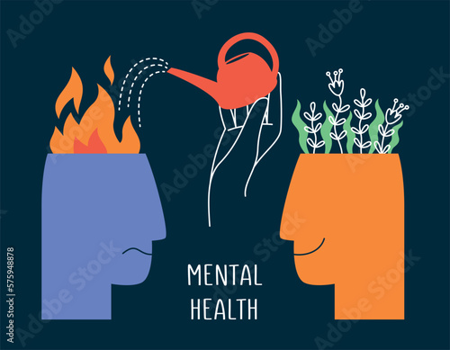 templateMental health, happiness, mental health care, positive thinking, fighting negative emotions. A head with fire and a head with flowers, a hand with a watering can. Vector flat illustration