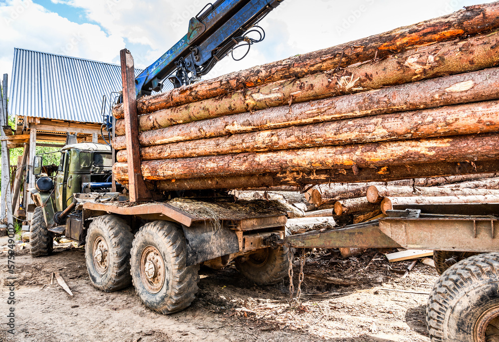 Obraz premium Timber carrier with sawn logs at the wood storage place