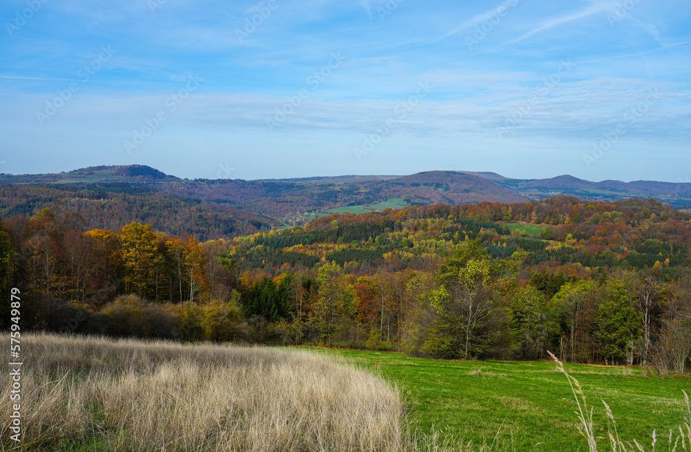 View of nature and the Rhön near Riedenberg. Autumn forest in the low mountain range.
