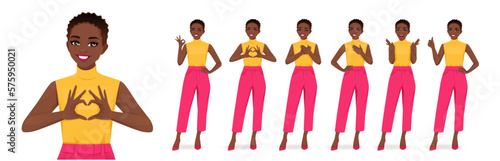 Young African American woman bright colors clothes in different poses set positive emotions. Isolated vector illustration set.