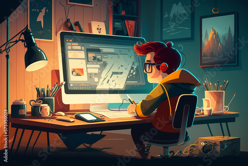 Cartoon stile illustration of graphic designer at work - AI generative