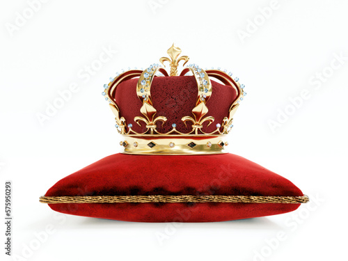Monarch crown on red velvet cushion