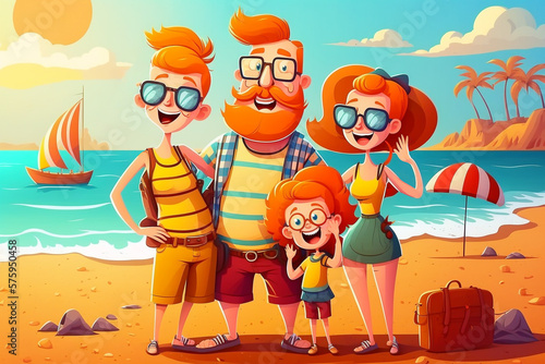 Cartoon style illustration of a smiling happy family have fun at vacation - AI generative
