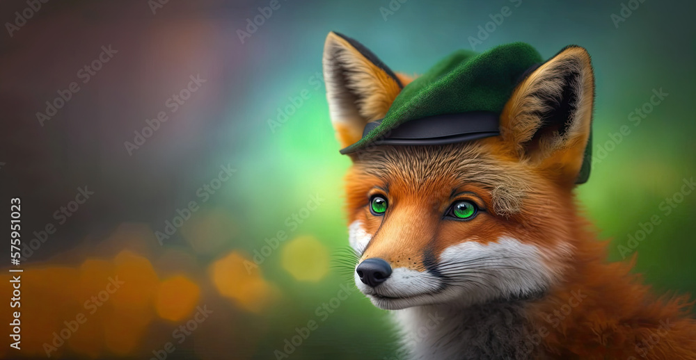 Fototapeta premium Cute fox wearing green hat celebrating Saint Patrick Day on blurred background. Generative AI