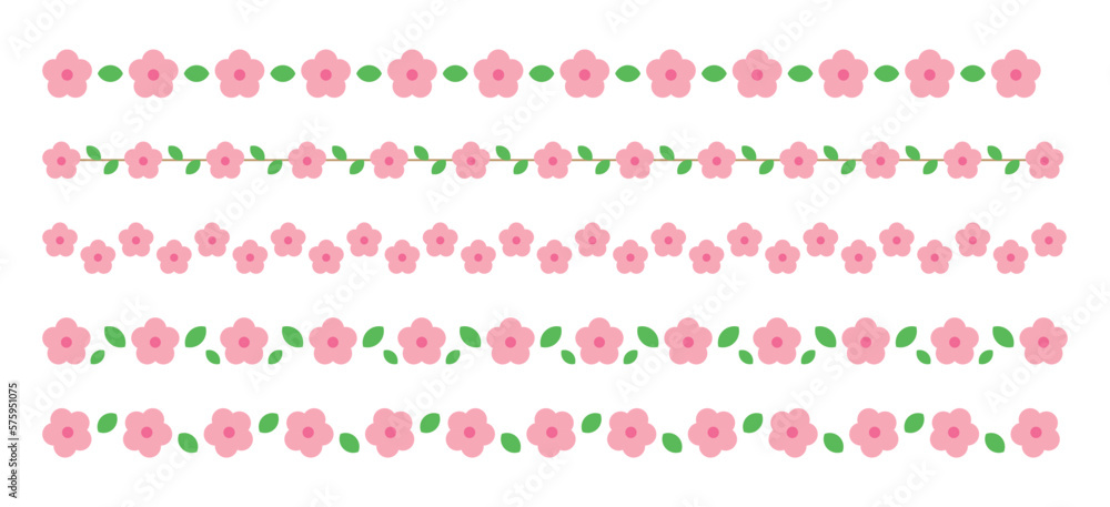 Spring season pink Cherry Blossom flower concept design deco pattern border set. Repeated lines of flowers and leaves. Spring season pink Cherry Blossom flower concept design deco pattern border set. Repeated lines of flowers and leaves.