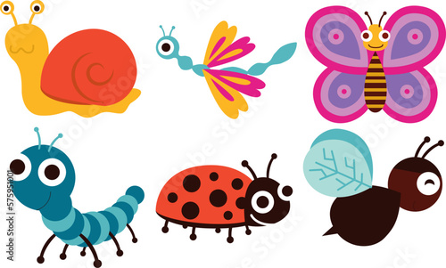 Cartoon colorful cute insect characters, vector illustration set. Violet butterfly, red snail, worm, blue caterpillar, red ladybug, brown bee, beetle with yellow wings. © Alla